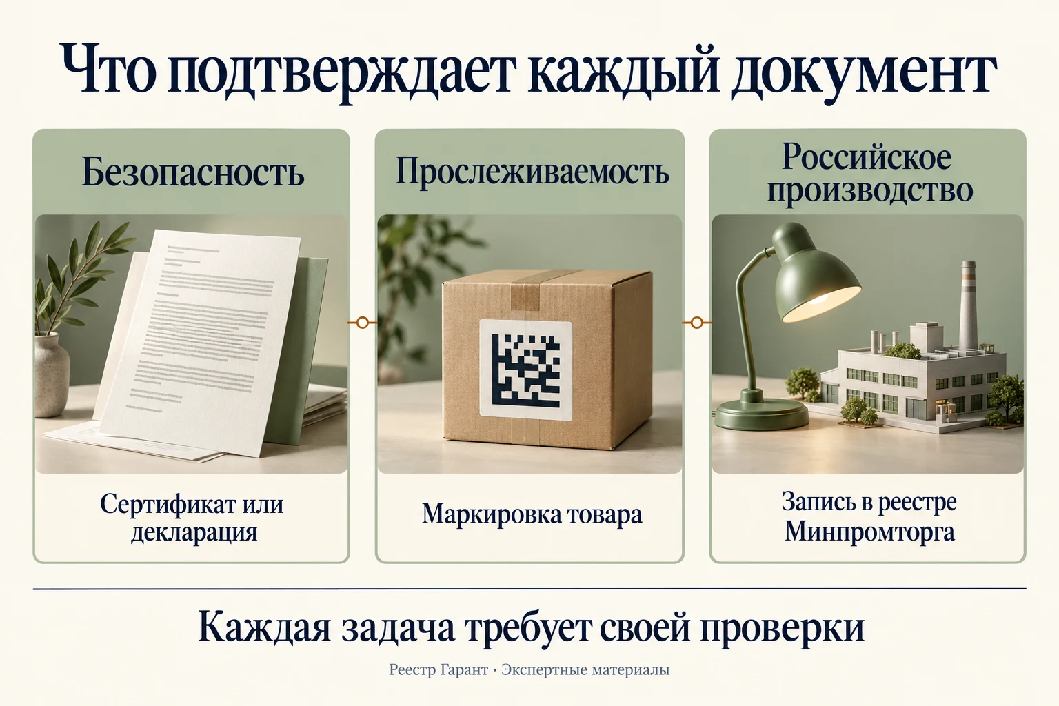 Три задачи: сертификат или декларация — безопасность, маркировка — прослеживаемость, реестр Минпромторга — российское производство